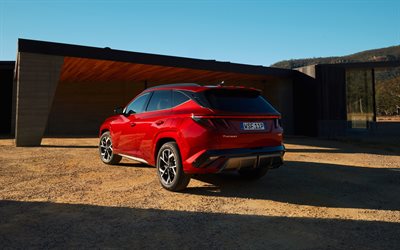 4k, hyundai tucson hybrid n line, visión trasera, 2024 autos, nx4, au especificación, crossovers, hyundai tucson rojo, 2024 hyundai tucson, autos coreanos, hyundai