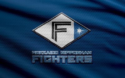 Nippon Ham Fighters fabric logo, 4k, blue fabric background, NPB, bokeh, baseball, Nippon Ham Fighters logo, Nippon Ham Fighters emblem, japanese baseball team, Nippon Ham Fighters