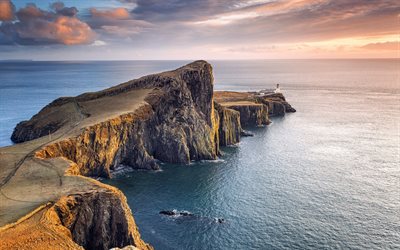 cape, lighthouse, cliffs, ocean, coast, wave, sunset, Neist Point, Scotland