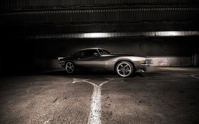 aparcamiento, coches del músculo, de 1969 Chevrolet Camaro SS, gris Camaro, retro cars
