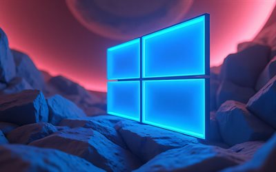 logotipo azul de windows 10, 4k, oscuridad, fondos 3d, marcas, logotipo 3d de windows 10, creativo, logotipo del sistema operativo, logotipo abstracto de windows 10, obra de arte, logotipo de windows 10, windows 10