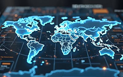 4k, carte du monde néon bleu, contexte technologique, concepts de cartes mondiales, monde numérique, carte du monde numérique, technologies numériques mondiales, carte du monde