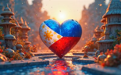 ich liebe philippinen, 4k, 3d  landschaftshintergrund, 3d  kunst, kreativ, tag der philippinen, flagge der philippinen, herz mit philippinen flagge, 3d  herzen, philippinen flagge, philippinen, liebe zu den philippinen