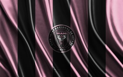 4k, Inter Miami logo, MLS, pink black silk texture, Inter Miami flag, American soccer team, soccer, Inter Miami CF, silk flag, Inter Miami emblem, USA, Inter Miami badge, Inter Miami