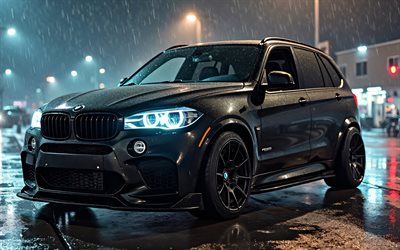bmw x5, 4k, 雨, f15, nighscapes, アートワーク, スーパーカー, tunnig, ブラックbmw x5 f15, クリエイティブ, bmw x5 f15, ドイツの車, bmw