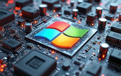 Windows logo, 4k, chip on the motherboard, Windows 3d logo, motherboard, Windows, technology background, Windows emblem, Windows art
