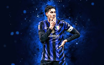 4k, Alessandro Bastoni, blue abstract background, Inter Milan, Serie A, Italian footballers, Alessandro Bastoni 4K, blue neon lights, football, soccer, Internazionale, Alessandro Bastoni Inter Milan