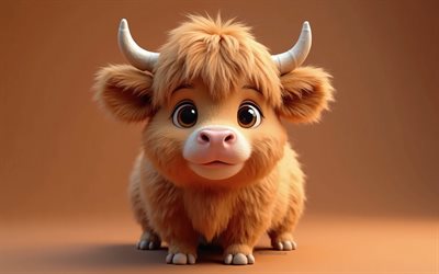 4k, nettes 3d  highland  rinder, cartoon 3d waschbär, süße tiere, highland vieh, 3d  tiere, cartoon 3d  tiere, lustiges highland  rinder, kleines hochland  rinder, orangefarbener hintergrund, hochland, kuh