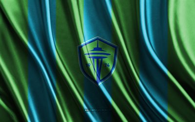 4k, Seattle Sounders FC logo, MLS, green blue silk texture, Seattle Sounders FC flag, American soccer team, soccer, silk flag, Seattle Sounders FC emblem, USA, Seattle Sounders FC badge, Seattle Sounders FC