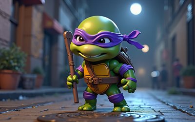 donatello, 4k, art de chibi, paysage nocturne, teenage mutant ninja turtles, art 3d, caractères tmnt, tortues mutées, donatello chibi, tortues ninja, tmnt, donatello tmnt
