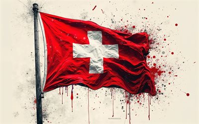 drapeau suisse, 4k, grunge, drapeau de la suisse, drapeau suisse sur le mât, peindre les éclaboussures, suisse, drapeau des éclaboussures de peinture suisse