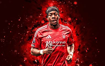 4k, Anthony Elanga, red abstract background, Nottingham Forest, Premier League, Swedish footballers, football, red neon lights, Nottingham Forest FC, Anthony Elanga Nottingham Forest