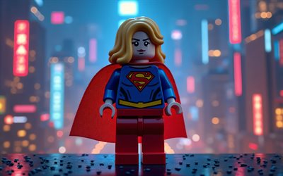 4k, supergirl, paysage nocturne, super héros, lego art, bandes dessinées dc, supergirl lego, art 3d, supergirl 3d, fan art, supergirl 4k