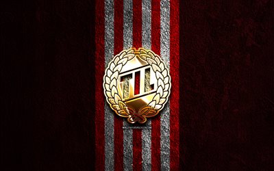Tromso IL golden logo, 4k, red stone background, Eliteserien, Norwegian football club, Tromso IL logo, football, Tromso IL emblem, Tromso IL, soccer, Tromso FC