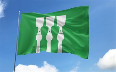 hedmark flag auf fahnenmast, 4k, norwegische grafschaften, blauer himmel, flagge von hedmark, wellige satinflaggen, hedmark flag, grafschaften norwegens, fahnenmast mit flaggen, tag von hedmark, norwegen, hedmark