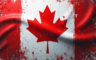 4k, bandera canadiense, arte grune, antecedentes de ondas 3d, canadá, bandera de canadá, arte creativo, bandera canadiense con salpicaduras de pintura