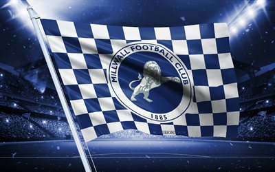 4k, Millwall FC logo, English football club, stadium flag, Millwall FC fans flag, blue white flag, Millwall FC emblem, Championship, England, football, Millwall FC
