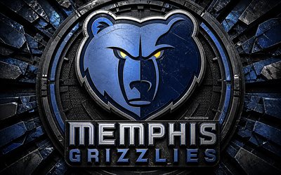 logotipo metálico de los memphis grizzlies, 4k, fondo metálico azul, nba, baloncesto, logotipo de los grizzlies de memphis, logotipo 3d de los grizzlies de memphis, equipo de baloncesto americano, grizzlies de memphis