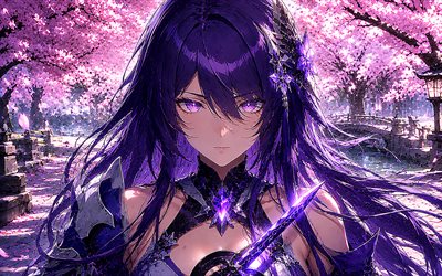 aqueronte, 4k, primavera, parque, trilho estrela honkai, flor de cerejeira, sakura, personagens de anime, mangá, personagens honkai star rail, olhos violetas, trilho estelar acheron honkai