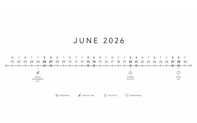 4k, calendario junio ​​2026, minimalismo, creativo, wibes de playa, junio 2026, calendarios de verano, calendario junio 2026, fondo blanco, verano, calendarios de junio, calendarios 2026, junio