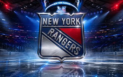 4k, New York Rangers metal logo, spotlights, ice arena, NHL, creative, hockey, New York Rangers logo, hockey stadium, New York Rangers 3D logo, american hockey team, New York Rangers, NY Rangers
