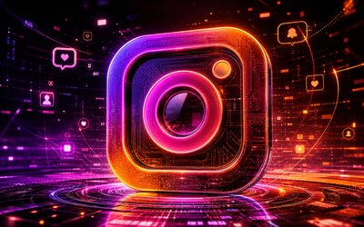 Instagram 3D logo, 4k, purple futuristic background, purple neon rays, social networks, Instagram futuristic logo, Instagram glass logo, brands, Instagram logo, Instagram