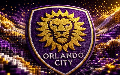orlando city sc kangaslogo, 4k, violetinkeltainen 3d tausta, mls, jalkapallo, orlando city sc  logo, orlando city sc 3d  logo, orlando city sc, amerikkalainen jalkapalloseura, orlando city fc