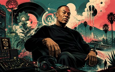 Dr Dre, 4k, music studio, abstract art, creative background, music stars, Andre Romell Young, GTA style, american rapper, Dr Dre art, american celebrity, Dr Dre 4K