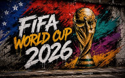 4k, 2026 fifa world cup, katutaidetta, fifa world cup trophy, tiiliseinä, graffitit seinälle, fifa world cup  taide, fifa world cup 2026, luova, kultainen pokaali, jalkapallo, fifa world cup