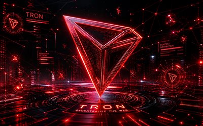 tron 3d  logo, 4k, punainen futuristinen tausta, kryptovaluutat, tron metallinen logo, tuotemerkit, tron kryptovaluutta, lohkoketju, tron logo, tron