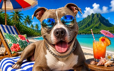 American Pit Bull Terrier, 4k, summer, tropical beach, beach accessories, sea, sun lounger, sunglasses, American Pit Bull Terrier on beach, dogs, beach, pets, dog in sunglasses, American Pit Bull Terrier Dog