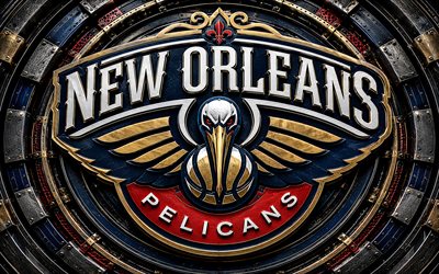 New Orleans Pelicans metal logo, 4k, blue red metal background, NBA, basketball, New Orleans Pelicans logo, New Orleans Pelicans 3D logo, american basketball team, New Orleans Pelicans