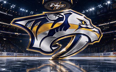 4k, شعار ناشفيل بريداتورز المعدني, أضواء كاشفة, ساحة الجليد, nhl, مبدع, الهوكي, شعار ناشفيل بريداتورز, ملعب الهوكي, شعار ناشفيل بريداتورز ثلاثي الأبعاد, فريق الهوكي الأمريكي, ناشفيل بريداتورز