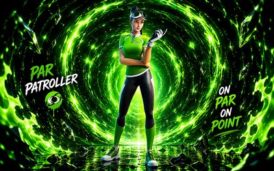 par patrullero fortnite, 4k, fondo verde 3d, fortnite, fan art, aspecto de patrullero par, piel fortnite par patrullero, creativo, par patrullero, personajes fortnite