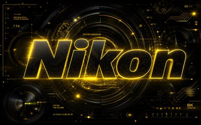 Nikon 3D logo, 4k, dark yellow futuristic background, yellow neon rays, electronics brands, Nikon futuristic logo, Nikon neon logo, brands, Nikon logo, Nikon