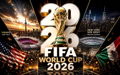 fifa weltmeisterschaft 2026, 4k, stadien, fifa wm trophäe, kreativ, fußball, kunst zur fifa weltmeisterschaft, fifa fußball weltmeisterschaft 2026, goldene trophäe, fifa weltmeisterschaft