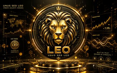 UNUS SED LEO 3D logo, 4k, golden futuristic background, cryptocurrencies, UNUS SED LEO metal logo, brands, UNUS SED LEO cryptocurrency, LEO logo, blockchain, UNUS SED LEO logo, UNUS SED LEO