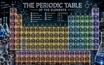 Periodic table, 4k, crystal art, periodic table of the elements, chemical elements, chemistry background, chemistry concepts, science, Dmitri Mendeleev, glass elements, Periodic table concepts