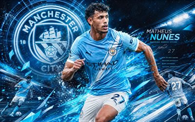 matheus nunes, manchester city fc, hayran sanatı, mavi beyaz soyut arka plan, matheus nunes manchester city fc, yaratıcı sanat, manchester city fc logosu, matheus nunes manchester city, futbol, manchester city