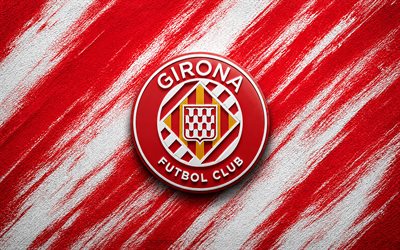 Girona FC logo, 4k, red white paint background, Girona FC, Spanish football club, Girona FC emblem, La Liga, Spain, football, Girona logo, Girona