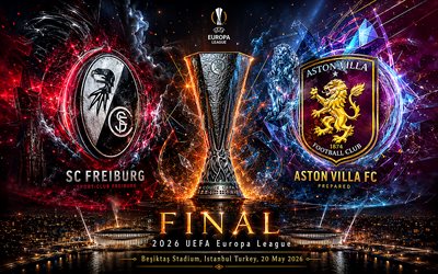 finale di europa league 2026, 4k, arte del grunge, sc friburgo aston villa fc, finale, europa league, logo dell'sc friburgo, linee leggere, logo dell'aston villa fc, stadio del besiktas, istanbul, 20 maggio 2026, materiale promozionale