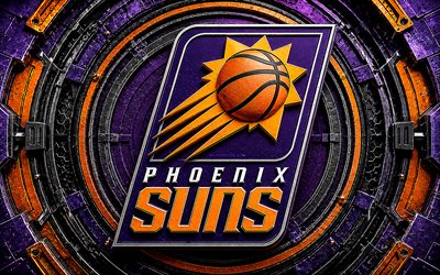 Phoenix Suns metal logo, 4k, violet orange metal background, NBA, basketball, Phoenix Suns logo, Phoenix Suns 3D logo, american basketball team, Phoenix Suns