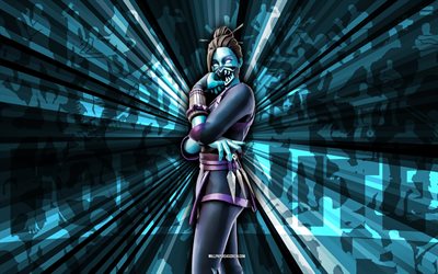 4k, maki monstre jade rouge, fond de rayons bleus, peau de jade rouge de monstre maki, maki monstre jade rouge fortnite, art abstrait, peau fortnite jade rouge monstre maki, personnages fortifiés, fortnite, art créatif