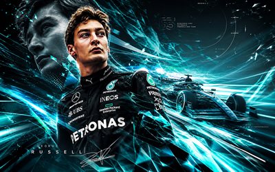 George Russell, 4k, turquoise digital background, Mercedes-AMG Petronas F1 Team, Formula 1, british racing drivers, George Russell 4K, fan art, Formula One, F1, George Russell Mercedes-AMG