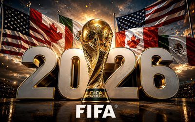 4k, copa mundial de la fifa 2026, dígitos 3d, banderas de canadá estados unidos méxico, trofeo de la copa mundial de la fifa, fondo del paisaje urbano, fútbol americano, arte de la copa mundial de la fifa, creativo, trofeo de oro, fútbol, copa mundial de la fifa