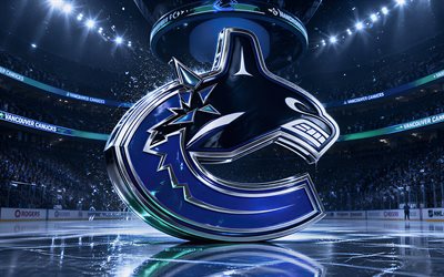 4k, Vancouver Canucks metal logo, spotlights, ice arena, NHL, creative, hockey, Vancouver Canucks logo, hockey stadium, Vancouver Canucks 3D logo, canadian hockey team, Vancouver Canucks