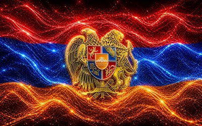 bandera resplandeciente de armenia, 4k, oscuridad, bandera de armenia, dia de armenia, arte 3d, bandera armenia, bandera de neón de armenia, ondas de neón bandera de armenia, bandera 3d de armenia, bandera abstracta de armenia, armenia