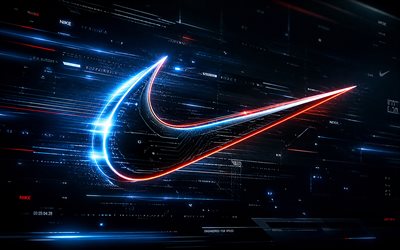 logotipo 3d da nike, 4k, fundo futurista escuro, criativo, raios de néon azuis, logotipo metálico da nike, marcas de moda, logotipo da nike, nike