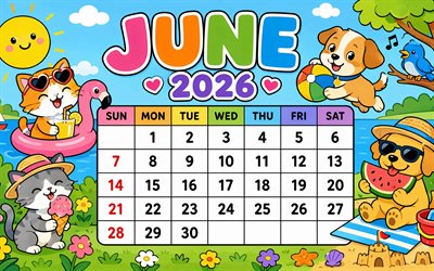 calendario junio ​​2026, 4k, animales de dibujos animados, creativo, wibes de playa, junio 2026, calendarios de verano, calendario junio 2026, verano, calendarios de junio, calendarios 2026, junio