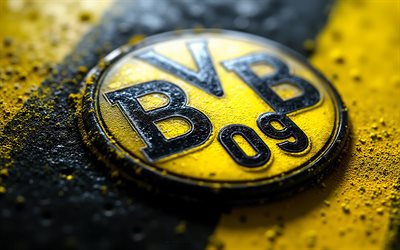 Borussia Dortmund metal logo, 4k, BVB logo, black yellow metal background, BVB, Bundesliga, BVB emblem, metal art, Borussia Dortmund logo, BVB sign, Borussia Dortmund emblem, Germany, Borussia Dortmund, football